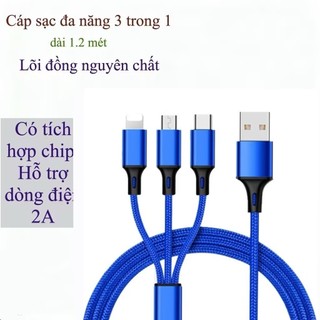 Cáp sạc 3 đầu bọc dù 3 trong 1 đa năng nhiều màu sắc / dài 1.2m . Dùng cho nhiều dòng điện thoại  - Hàng sẵn kho