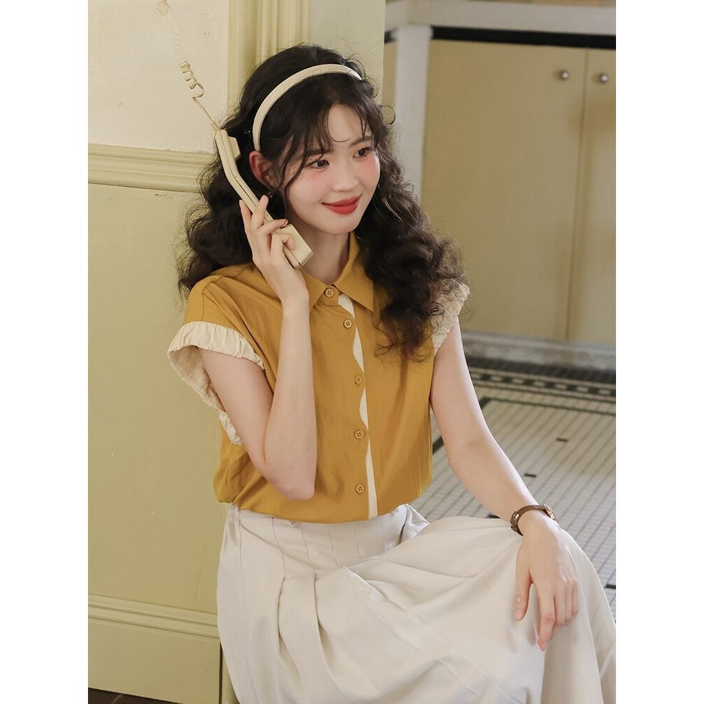 Mutu Pháp Retro Phong Cách Hồng Kông Màu Sắc Tương Phản Áo Sơ Mi Tay Ngắn Nữ Mùa Hè 2026 Phong Cách Mới Thiết Kế Niche Loose Top
