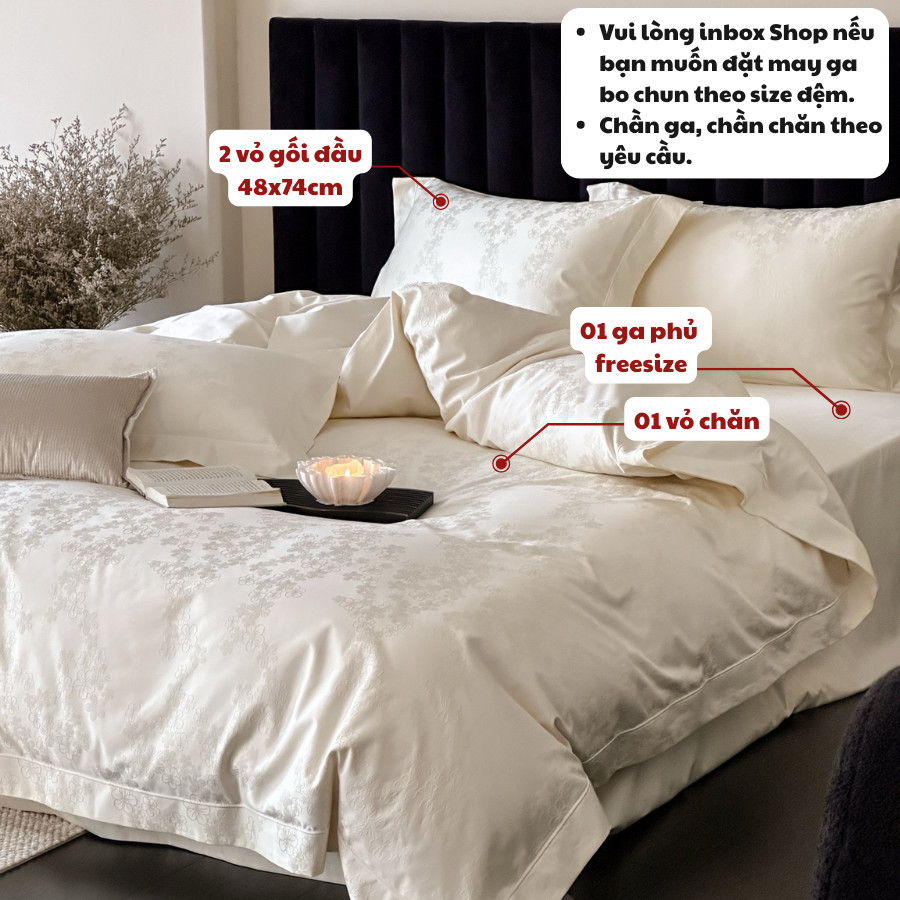 (L426349)Bộ Chăn Ga Gối Lụa Tencel 4 Món  Mang phong Cách Mới Với Họa Tiết Hoa Vân Chìm Cực Xinh- MemMinbeddingLuxury