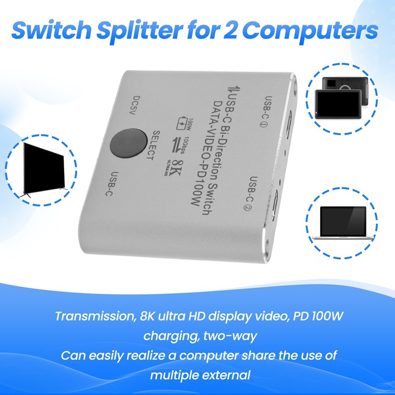 Bộ Chia Công Tắc Cho 2 Máy Tính Bi Định Hướng USB C KVM Switch 1 Trong 2 Ra Cho 8K @ 60Hz / 4K @ 144Hz Truyền Video 10Gbps