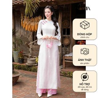 Áo dài AD273 - QD050 cách tân tay xẻ phối tà ngắn họa tiết in chìm