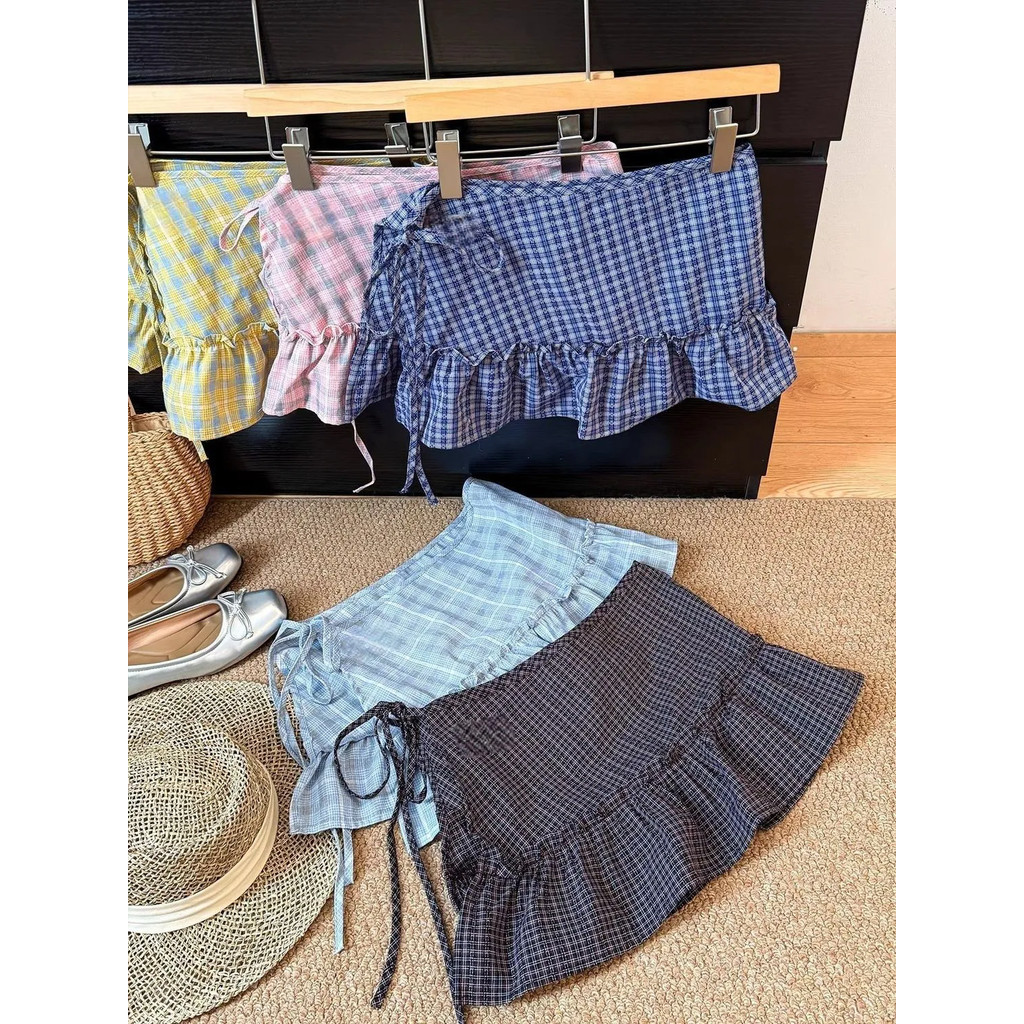Milyfashion Kẻ Sọc Mông Rèm Phong Cách Mới Xám Xanh Ẩn Đáy Quần Bên Ren Kẻ Sọc Dưới Thân Váy Lớp Quần Áo Nữ