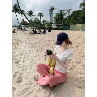 Áo thun cổ chữ V tay ngắn màu trơn mùa hè mới mặc đẹp dáng ôm co giãn thoải mái nữ đen hồng xám