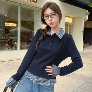 Nova-Áo thun nữ cổ polo hai lớp giả, áo lớp nền dáng ôm, dài tay dễ phối lớp mùa xuân