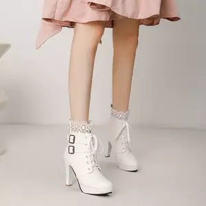 VNTMLH34-43 Kích Thước Lớn Thời Trang Ngón Chân Tròn Cao Gót Ren-Up Martin Boots Phối Ren Ngọt Ngào Khóa Phẳng Ren Sau Dây Kéo Giày Bốt Ngắn