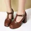 VNTMLH34-43 Kích Thước Lớn Retro Khắc Rỗng Mũi Tròn Dày Gót Giày T-Buckle Dây Đeo Sau Dây Thời Trang Phù Hợp Với Mary Jane Giày