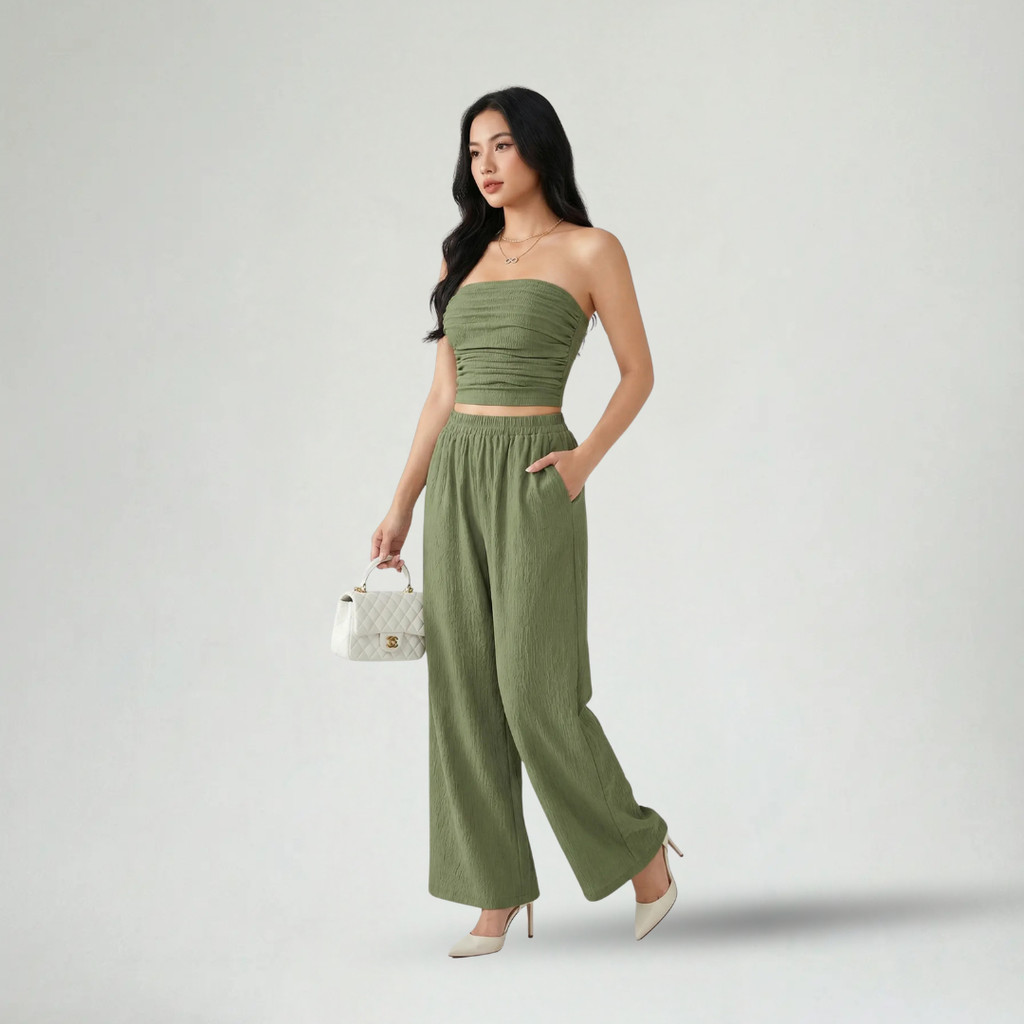 Set Áo Quây Quần Dài Nữ Vải Crepe Màu Xanh Olive