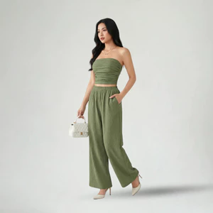 Set Áo Quây Quần Dài Nữ Vải Crepe Màu Xanh Olive