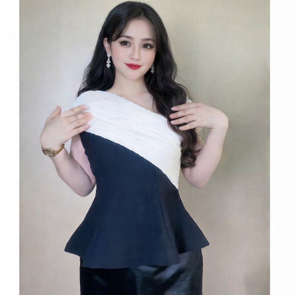 Áo Trễ Vai Chất Tuyết Hàn Phối Thun Gân Cổ Chữ V Lệch Vai ESHOP Áo Thiết Kế Peplum Sang Chảnh Đẹp MS399 Top Áo Women