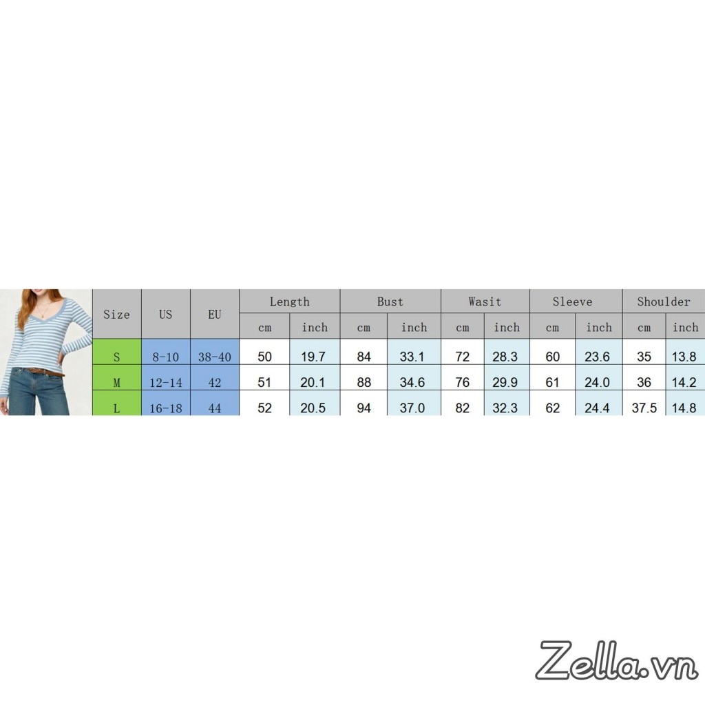 Áo thun nữ cổ chữ V mùa xuân thu màu xanh dài tay Slim Fit Áo thun Crop sọc