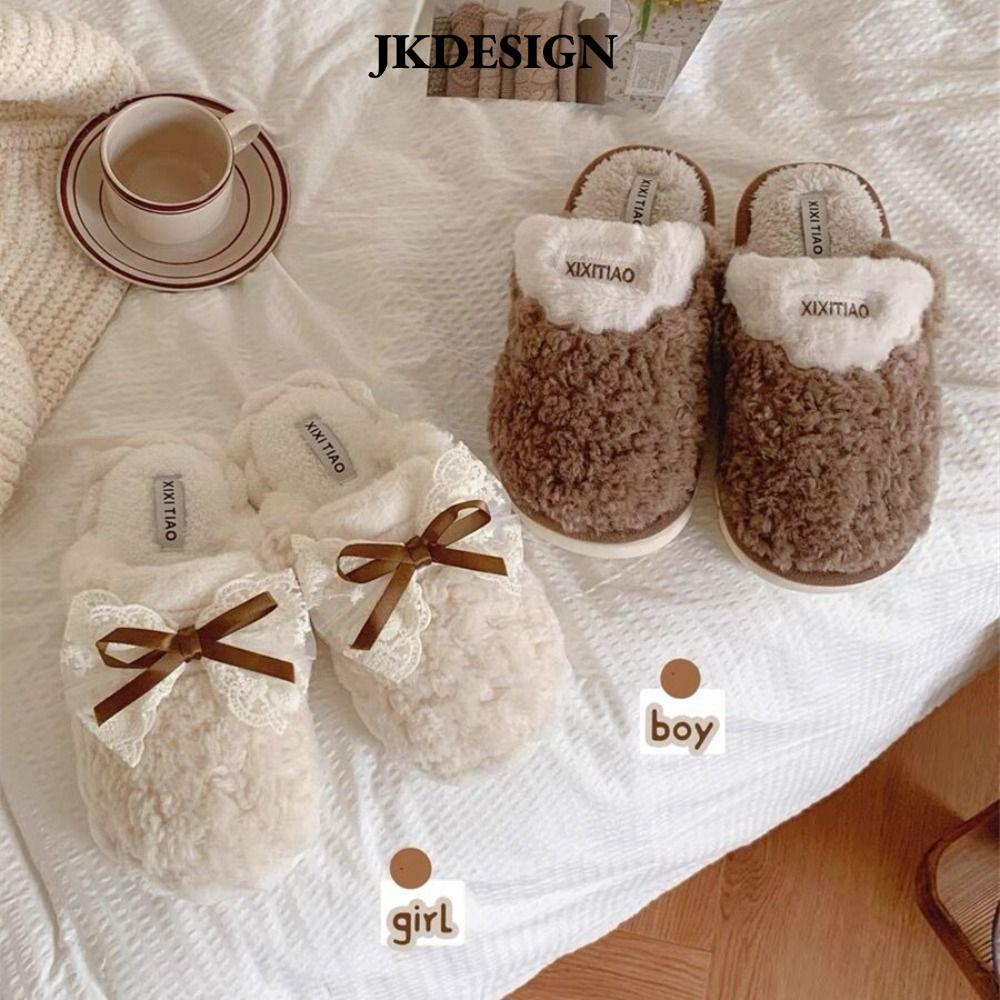 Dép sang trọng JKDESIGN, Dép Cotton ấm áp mùa đông nơ, Babouche sang trọng chống trượt mềm mại