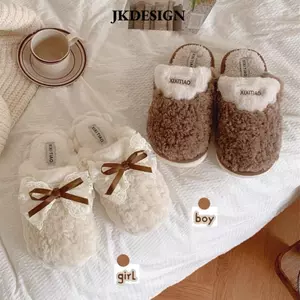 Dép sang trọng JKDESIGN, Dép Cotton ấm áp mùa đông nơ, Babouche sang trọng chống trượt mềm mại