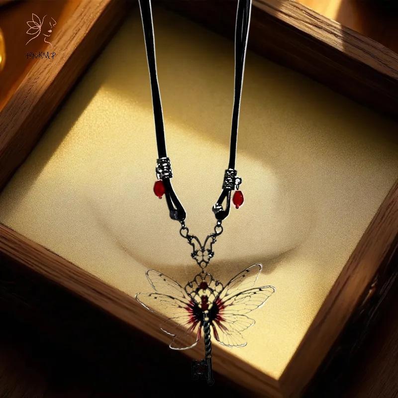 HNKMP Y2K Chuồn Chuồn Chìa Khóa Đỏ Zircon Vòng Cổ Mặt Dây Chuyền Retro Punk Da Hip Hop Choker Hợp Thời Trang Nữ Trang Sức Quà Tặng.
