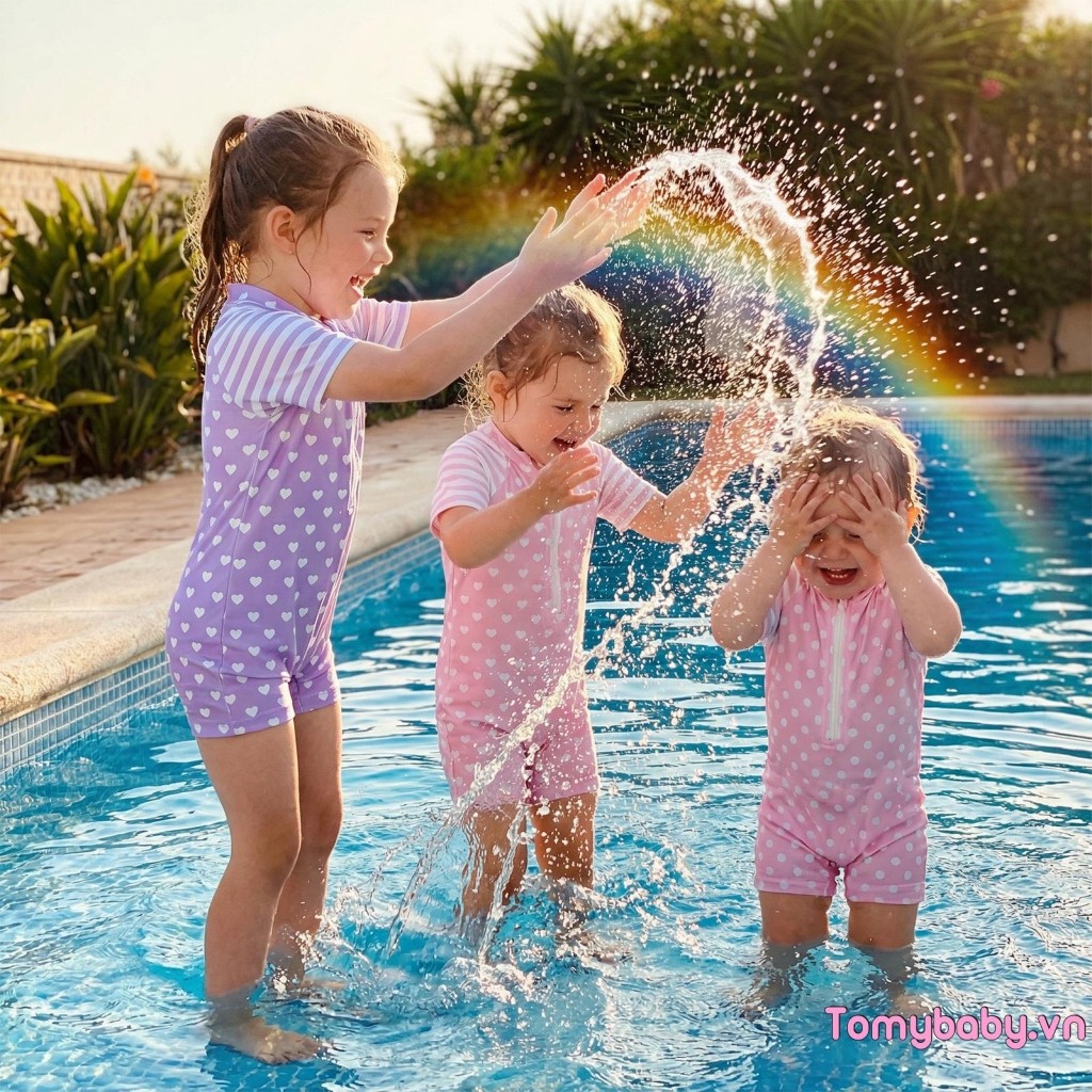 Đồ bơi bé gái mới biết đi Mùa hè tay ngắn cổ tròn chấm sọc in dây kéo phía trước Đồ bơi dễ thương