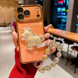 Làm Giàu 3D Vàng Bảo Vệ Ống Kính Ngựa Mạ Trong Suốt Wrsit Dây Xích Điện Thoại Cho iPhone 17Promax 17Pro 12 13 14 15 16 Pro Max 16Plus 11 Vỏ Di Động Mềm