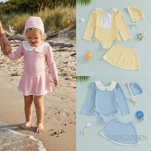 1-6 Tuổi Trẻ Em Bé Gái 3 Bộ Đồ Bơi Cổ Búp Bê Dài Tay Màu Sắc Tương Phản Phát Ban Bảo Vệ Đồ Bơi Váy Và Mũ