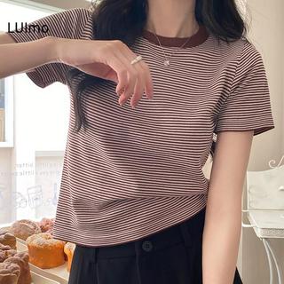 Áo thun nữ mùa hè sọc tay ngắn, chất liệu dệt kim với chi tiết băng lụa, thoải mái cho hàng ngày