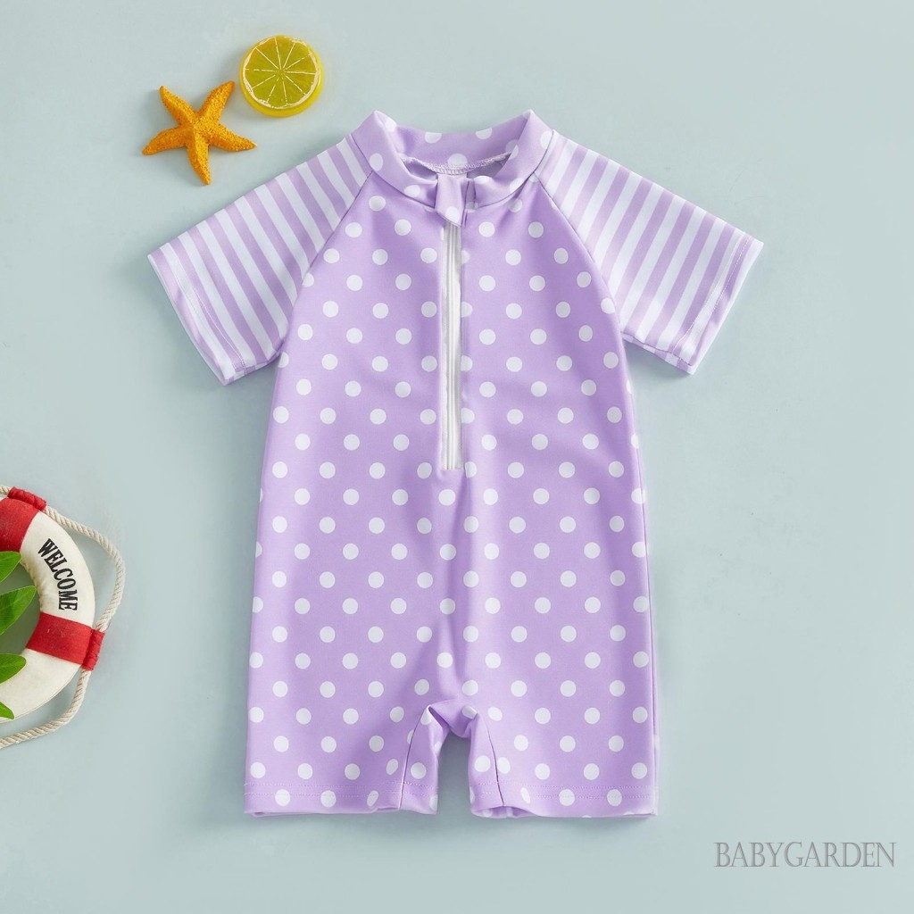 6M-4Y Tập Đi Bé Gái Đồ Bơi Mùa Hè Tay Ngắn Cổ Tròn Chấm Sọc In Dây Kéo Phía Trước Đồ Bơi Dễ Thương