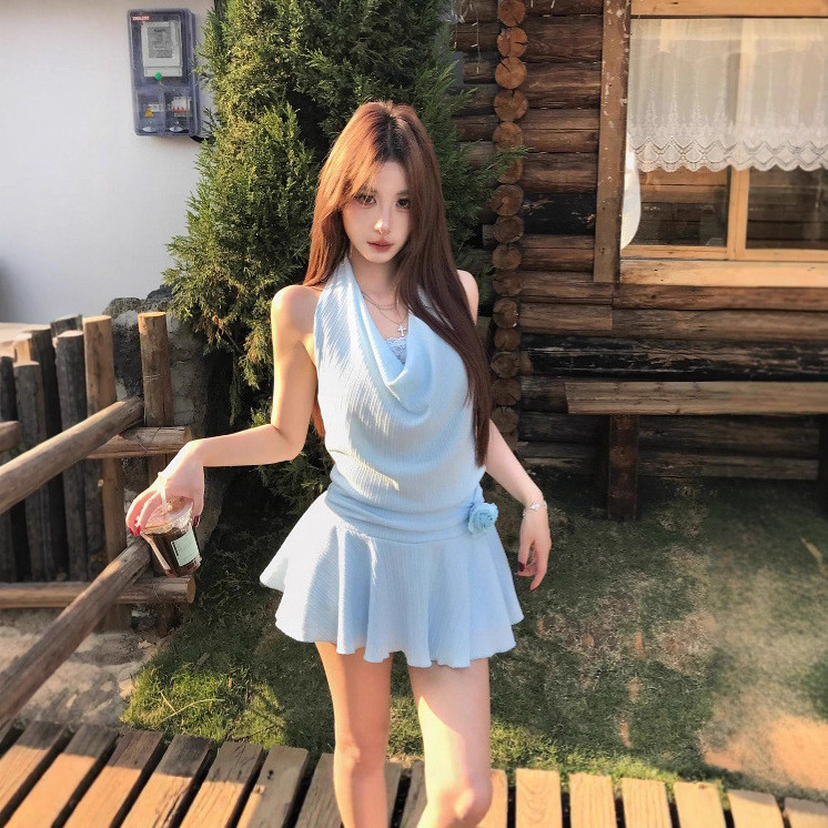 Ren Slim-fit Dây Đầm Nữ Mùa Hè Màu Xanh Váy Ngắn Có Hoa Pure Desire Slim-fit Váy Chữ a