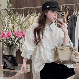 Áo Sơ Mi Chiết Eo Đính Đá ,Double - Six. Áo Trắng Nữ Phong Cách Tiểu Thư.