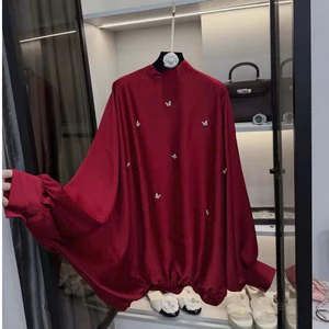 Áo Sơ Mi Tay Bồng Họa Tiết Bướm ❤ Somi Babydoll Lụa Đỏ Mận Phong Cách Nàng Thơ NA82
