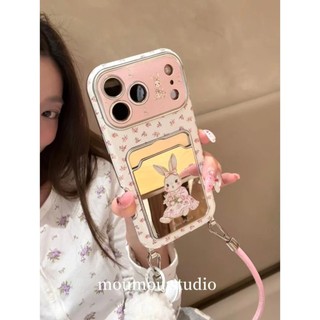 Gương Hoạt Hình Dễ Thương Thỏ Khe Cắm Thẻ Túi Hoa Hồng Da Wrsit Dây Đeo Ốp Lưng Điện Thoại Cho iPhone 17Promax 17Pro 15 16 Pro Max Chống Sốc Nữ Vỏ Di Động