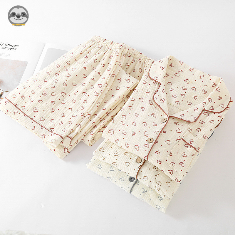 Bộ đồ ba mảnh từ sợi cotton nguyên chất hai lớp, phù hợp mùa xuân và thu, thoải mái mặc trong nhà