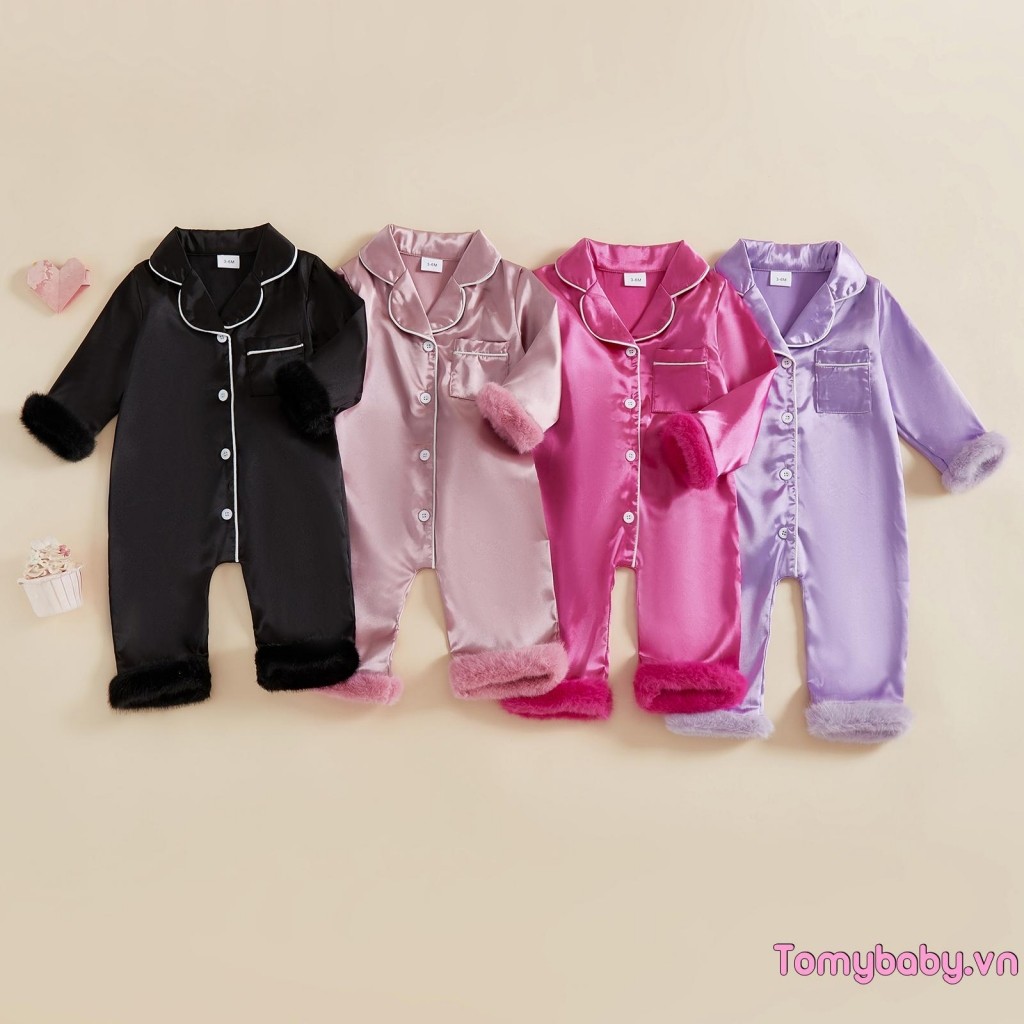 Bé Gái Tương Phản Viền Lông Viền Nút Xuống Ve Áo Cổ Chữ V Tay Dài Một Mảnh Satin Bộ Đồ Ngủ