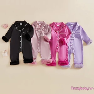 Bé Gái Tương Phản Viền Lông Viền Nút Xuống Ve Áo Cổ Chữ V Tay Dài Một Mảnh Satin Bộ Đồ Ngủ