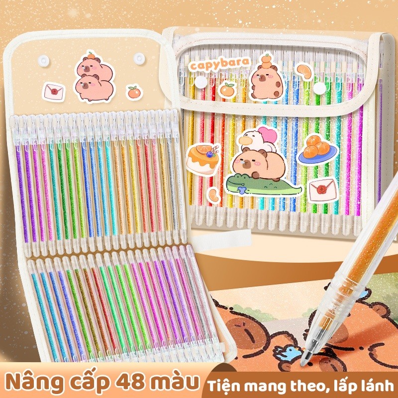 Bút highlight nhiều màu tươi sáng – Bút đánh dấu kim tuyến kèm tem Capybara dễ thương