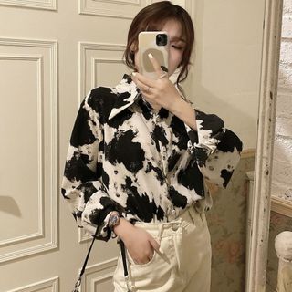 Áo sơ mi nữ họa tiết bò phong cách cổ điển, phù hợp mùa xuân - thu, thiết kế đa layer