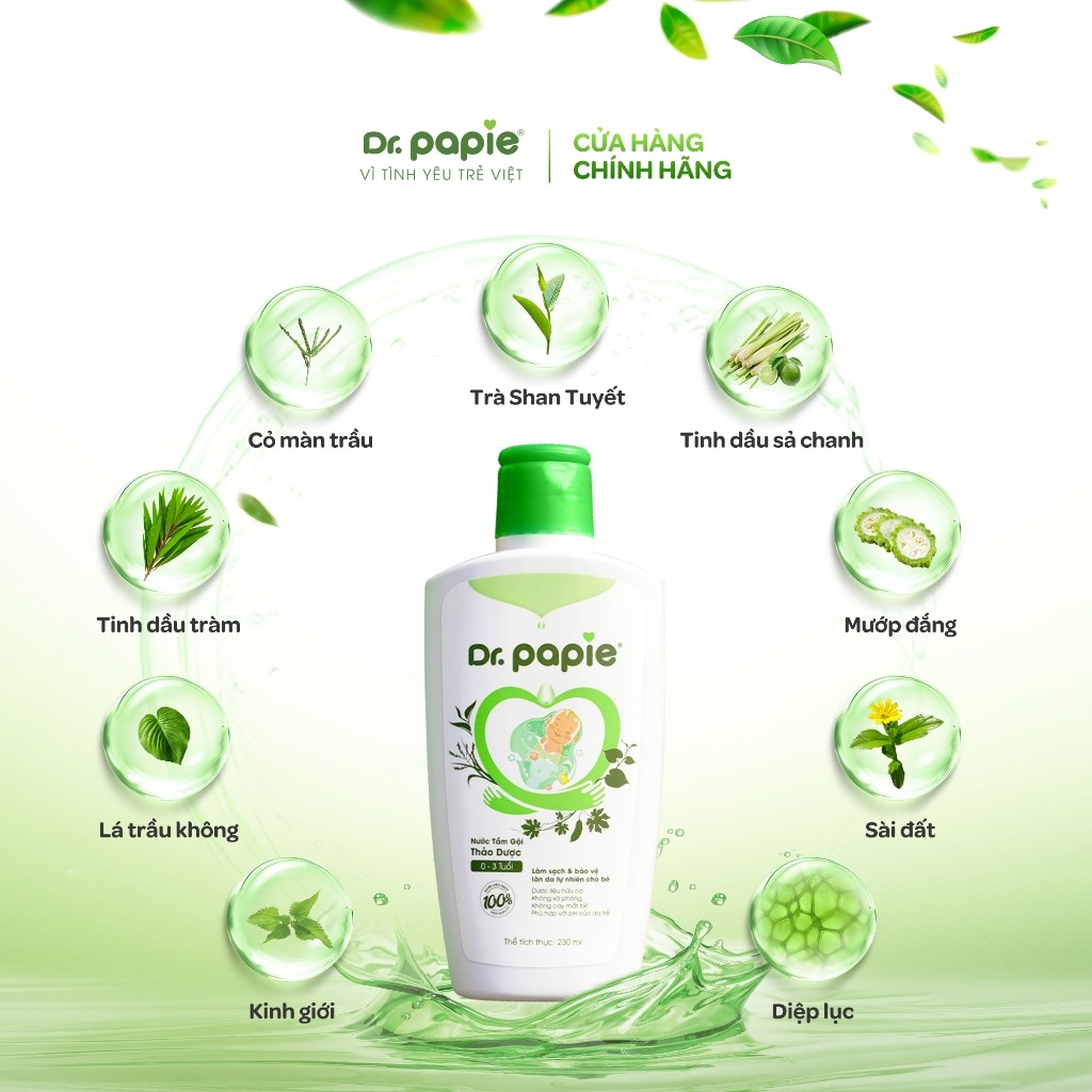 Combo 2 chai Nước tắm thảo dược Dr.Papie giúp giảm mẩn ngứa rôm sảy, an toàn cho bé sơ sinh (230ml/chai)