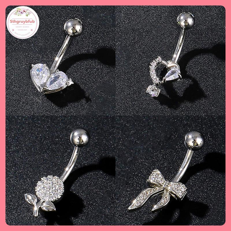 Nhẫn Rốn Xuyên Bụng Thép Không Gỉ với Nút Nơ Trái Tim Zircon - Trang Sức Gợi Cảm