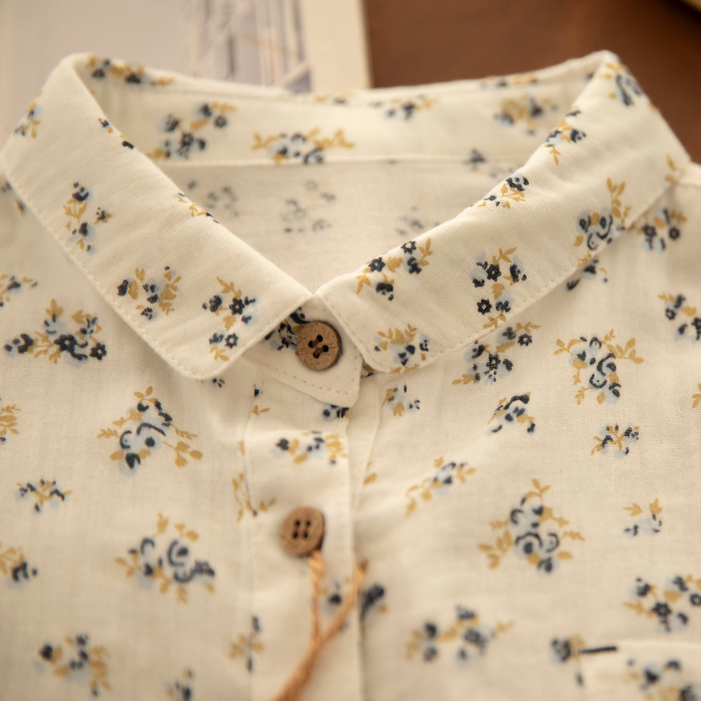 [Có sẵn] Áo sơ mi nữ từ sợi cotton 100%, thiết kế họa tiết hoa, form rộng thoải mái