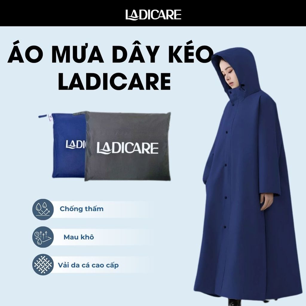[Loại Tốt] Áo mưa măng tô LADICARE có dây kéo, chống thấm cực tốt với vải da cá cao cấp, thoải mái đi mưa