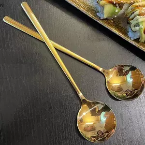 NS Thép không gỉ Đầu Lớn Thìa Tròn Lưới Đỏ Vàng Bữa Tối Tay Cầm Dài Khuấy Món Tráng Miệng Thìa Cho Phụ Kiện Nhà Bếp Tiện Ích NS