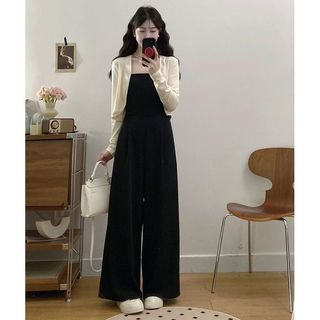 Bộ đồ mùa xuân mùa hè Plus Size Jumpsuit + Cardigan Nữ Bộ đồ thể thao thông thường dành cho nữ 2025 Phong cách mùa thu Fat mm Sling Jumpsuit Quần ống rộng Phong cách phương Tây Bộ đồ hai mảnh giảm tuổi Plus Size Quần áo nữ