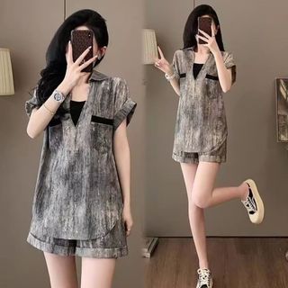 Bộ đồ hai mảnh cho nữ, phong cách Hàn Quốc mới, thiết kế đơn giản thanh lịch, áo ngắn tay, quần short cao eo