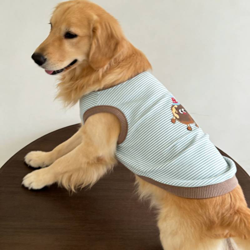 【Ready Stock】 Pet Dog Clothes Light Green Striped Cartoon Cookies Super Cute Soft Vest Golden Retriever bxR5
