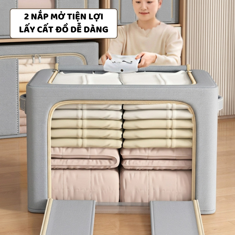 Hộp Vải Size Lớn Đựng Quần Áo ENODA HOME Có Khung Thép, Hộp Vải Bảo Quản Chăn Gối Có Khóa Kéo Kín Bụi HV145