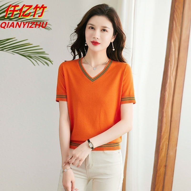 Áo thun ngắn tay dệt kim mỏng phong cách mới mùa hè, thiết kế cổ chữ V và dáng rộng giúp tôn dáng, phù hợp với phụ nữ trẻ