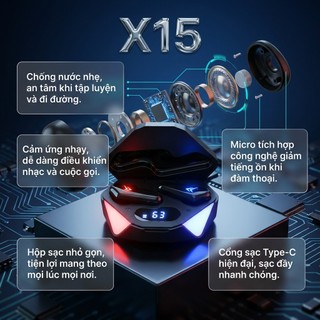 Tai nghe không dây Bluetooth X15 Tws, Tai nghe chơi game Bluetooth 5.3 có micrô tích hợp