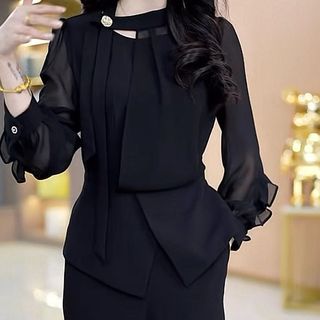 Set bộ nữ thanh lịch sang trọng,áo voan tay dài thời trang,Phong cách công sở thanh lịch,Phù hợp đi làm, đi tiệc