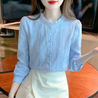 Áo sơ mi nữ cổ bèo mới, chất liệu cotton nguyên chất, áo thun dệt kim thêu họa tiết jacquard thời trang