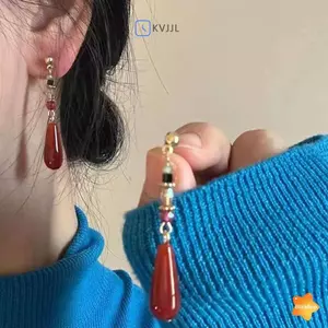 Bông tai dân tộc Hanfu màu đỏ, thiết kế giọt nước và dây chuyền tai kẹp bule dài, phù hợp làm quà tặng