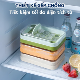 Khay Làm Đá Viên Silicon Lấy Đá Dễ Dàng, Khuôn Làm Thạch Hoa Quả Có Nắp Đậy Ngăn Mùi Tủ Lạnh