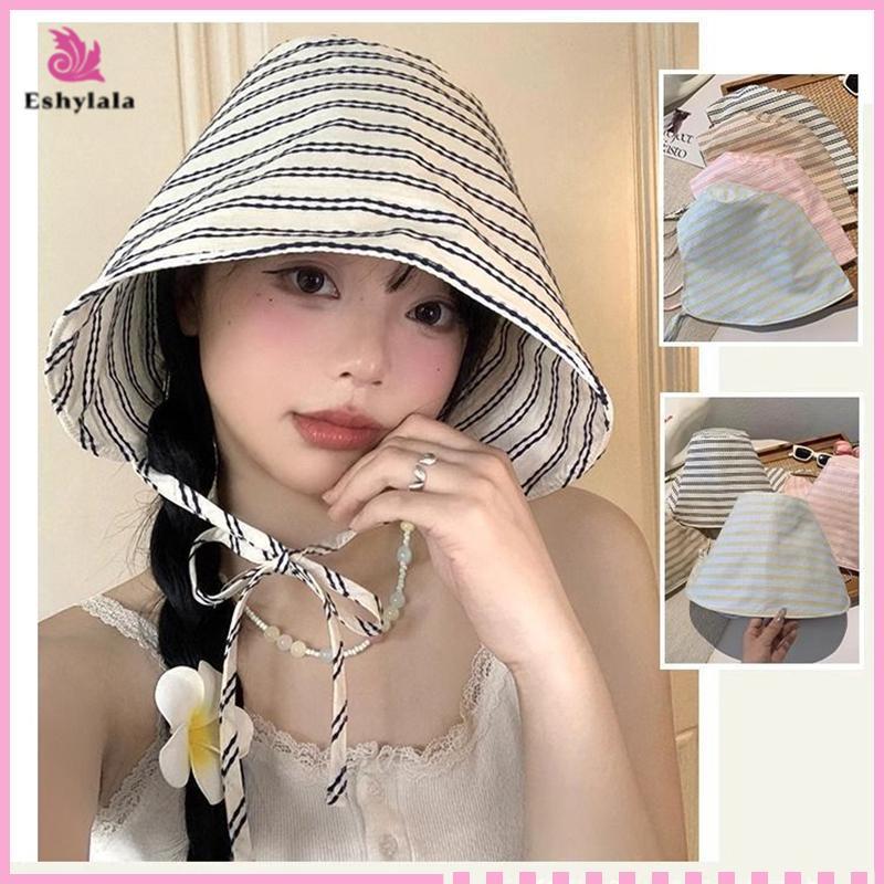 Mũ Beanie nữ phong cách Hàn Quốc, gấp gọn có dây cột, sọc kẻ, thích hợp đi biển