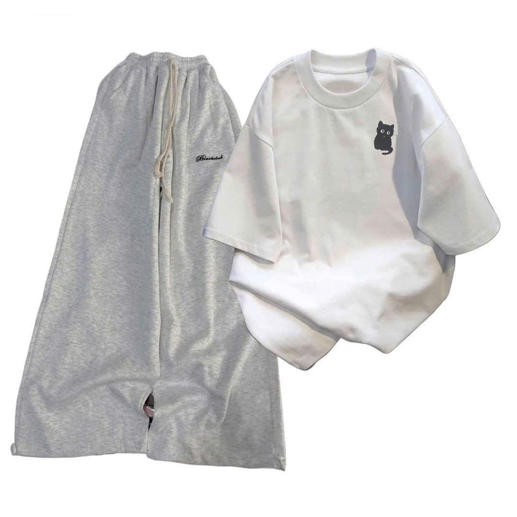 Sét Bộ quần dài da cá Xám đậm chữ ký+ kết hợp áo phông rộng  kiểu dáng thụng-hình con CÚ