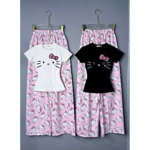 Bộ quần dài kity màu hồng +phối áo CROPTOP hình Mèo đơn giản -thoitrangthubioqa