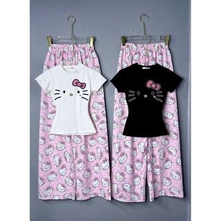 Bộ quần dài kity màu hồng +phối áo CROPTOP hình Mèo đơn giản -thoitrangthubioqa